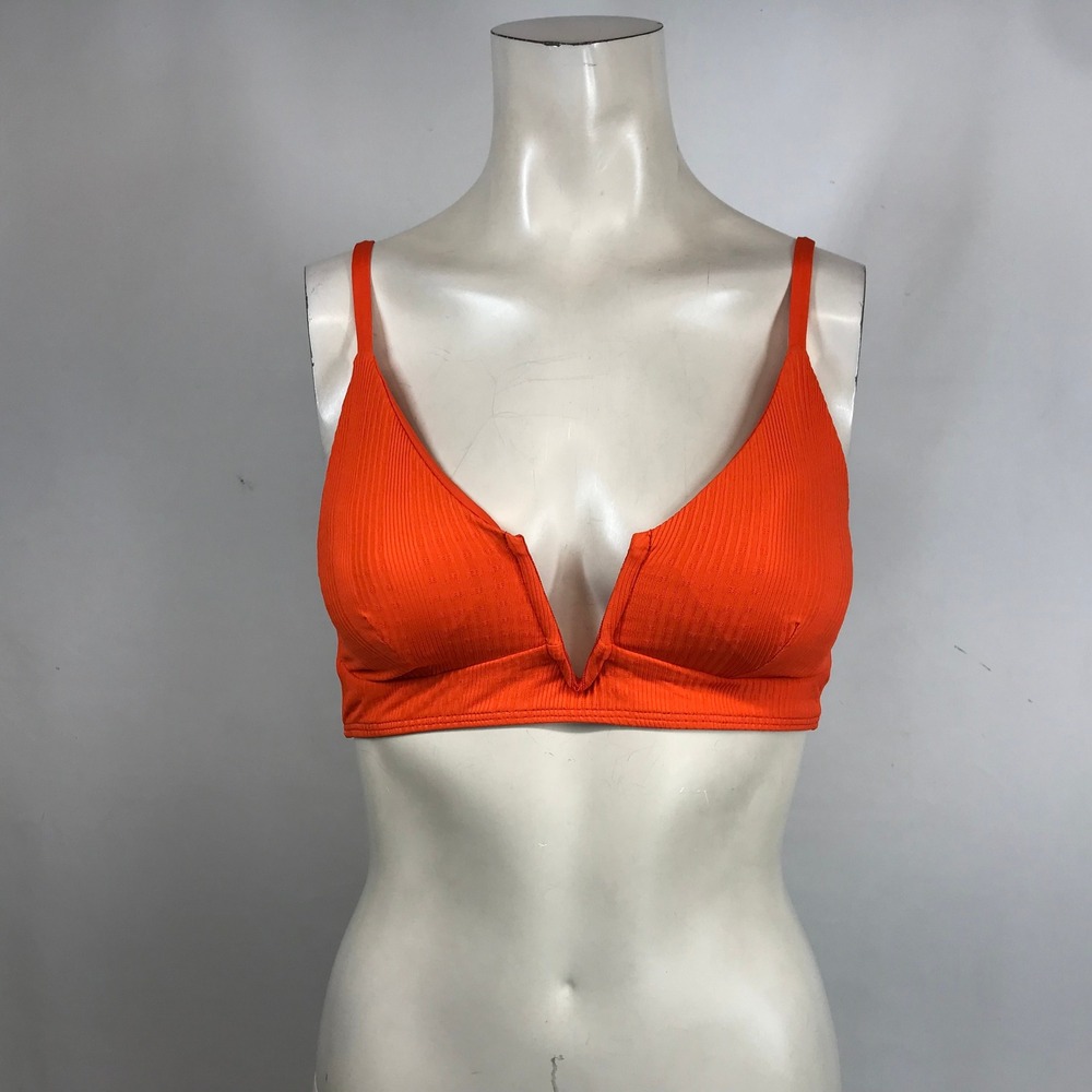 L*Space Monica Wise Orange Ribbed V-Notch SIREN Bikini Top D Cup New